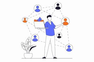 Social network concept with people scene in flat outline design. Man communicates online and interacts with connected groups on Internet. illustration with line character situation for web vector