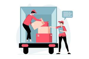 Delivery service concept with people scene in flat design. Man unloading truck and holding postal boxes, warehouse worker accepts new parcels. illustration with character situation for web vector