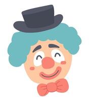 Cute clown in hat in flat design. Comical head with red nose in hat. illustration isolated. vector