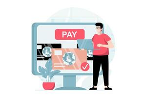 E-payment concept with people scene in flat design. Man customer making online financial transaction using laptop and personal credit card. illustration with character situation for web vector