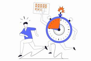 Deadline concept with people scene in flat outline design. Man runs away from ticking clock. Employee hurry to perform work tasks in office. illustration with line character situation for web vector