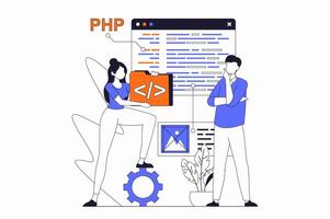 web desarrollo concepto con personas escena en plano contorno diseño. mujer y hombre trabajando con php programación y creando sitio web diseños ilustración con línea personaje situación para web vector