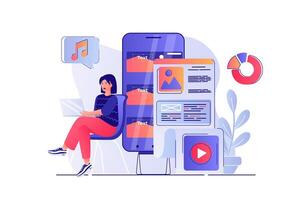 Content manager concept with people scene. Woman making content plan, creating content and fills site with , audio and graphics. illustration with characters in flat design for web vector