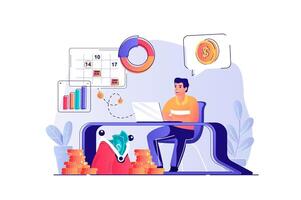 planificación financiero presupuesto concepto con personas escena. hombre calculador y análisis financiero Estadísticas y planificación pagos en calendario. ilustración con caracteres en plano diseño para web vector