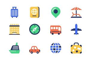 Travel vacation concept of web icons set in simple flat design. Pack of luggage, passport, location, beach relaxation, hotel, compass, bus, airplane, ship and other. pictograms for mobile app vector