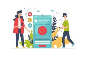 Social network concept with people scene in flat cartoon design. Man and woman communicate online, publish and share posts, get likes using app. illustration with character situation for web vector