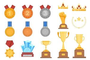 Victory trophies set in cartoon design. Bundle of golden, silver and bronze medals, win crowns, different gold cups, star emblems and other award prizes isolated flat elements. illustration vector