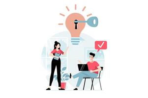 Finding solution concept with people scene in flat design. Woman and man discuss, brainstorm and generate new ideas with project innovations. illustration with character situation for web vector