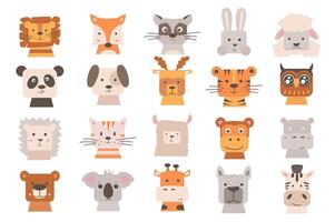 Animals heads set with cute cartoon elements in flat design. Bundle of lion, fox, raccoon, rabbit, sheep, panda, dog, tiger, owl, hedgehog, cat, lama and other isolated stickers. illustration. vector