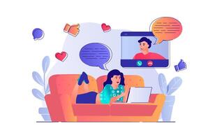 chateando concepto con personas escena. mujer hablando a hombre por vocación utilizando computadora portátil, conectando con colegas y amigos. ilustración con caracteres en plano diseño para web vector