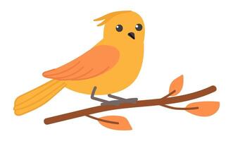 Orange bird on branch in flat design. Forest birdie sits on autumn twig. illustration isolated. vector