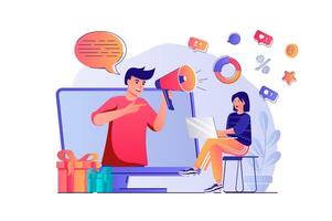 digital márketing concepto con personas escena. hombre con megáfono hace anuncio Campaña en línea, crea contenido, publica publicaciones, atrae usuarios ilustración con caracteres en plano diseño para web vector