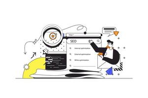 Seo optimization web concept in flat outline design with character. Man settings, searching and analyzes data, promotes and changes position of site in ranking, people scene. illustration. vector