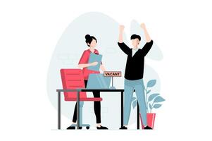 Employee hiring process concept with people scene in flat design. Woman HR manager interviews candidate and hires man for position in staff. illustration with character situation for web vector