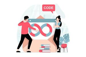 devops concepto con personas escena en plano diseño. mujer y hombre codificadores trabajando en equipo en oficina, automatizar procesos y ágil proyecto gestión. ilustración con personaje situación para web vector