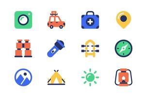 Camping concept of web icons set in simple flat design. Pack of photo camera, car, first aid kit, route, binoculars, flashlight, boat, compass, mountains and other. pictograms for mobile app vector