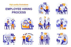 Employee hiring process web concept with people scenes set in flat style. Bundle of human resources, choose resume, open vacancy in office, job interview. illustration with character design vector