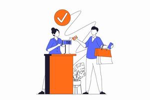 compras concepto con personas escena en plano contorno diseño. hombre hace compras con negociar precios y paga para bienes a revisa en tienda. ilustración con línea personaje situación para web vector