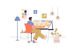 Designer studio web concept with people scene. Illustrator working at drawing table with pen and palette. Creative artist making content. Character situation in flat design. illustration. vector