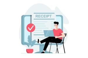 Electronic receipt concept with people scene in flat design. Man receives digital invoice and paying online, making transaction from laptop. illustration with character situation for web vector