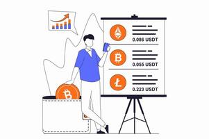 Cryptocurrency marketplace concept with people scene in flat outline design. Man buys coins on online platform and manages in digital wallet. illustration with line character situation for web vector