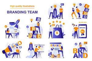 Branding team web concept with people scenes set in flat style. Bundle of new brand building for business, creating trademark and logo, success strategy. illustration with character design vector