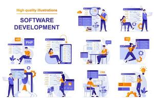 Software development web concept with people scenes set in flat style. Bundle of backend development, programming, working with abstract code and scripts. illustration with character design vector