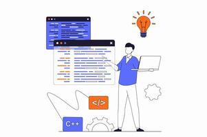 Programmers working concept with people scene in flat outline design. Man developer works with code on different screens, optimizes and tests. illustration with line character situation for web vector