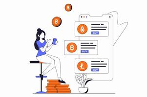 criptomoneda mercado concepto con personas escena en plano contorno diseño. mujer compra cripto monedas en en línea plataforma utilizando móvil teléfono. ilustración con línea personaje situación para web vector