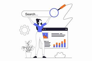 Seo optimization concept with people scene in flat outline design. Woman adjusts site metrics, analyzes keywords and optimizes data settings. illustration with line character situation for web vector