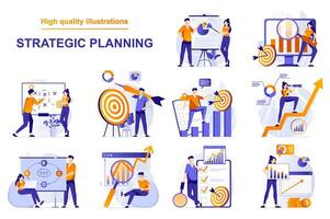 Strategic planning web concept with people scenes set in flat style. Bundle of data analysis, brainstorming, create business plan, targeting, generate ideas. illustration with character design vector