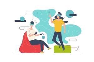Virtual reality concept with people scene in flat cartoon design. Man and woman in VR glasses interacts with augmented reality in virtual world. illustration with character situation for web vector