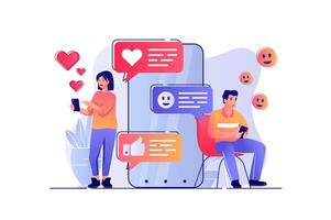 social red concepto con personas escena. mujer y hombre escritura mensajes, charlando, tener una cita, hojeada Noticias alimentar, publicaciones y gustos en aplicación ilustración con caracteres en plano diseño para web vector