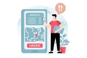 Delivery service concept with people scene in flat design. Man orders goods and food online, tracks courier route and location in mobile app. illustration with character situation for web vector