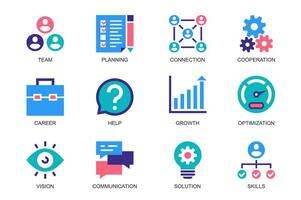 Teamwork concept of web icons set in simple flat design. Pack of team, planning, connection, cooperation, career, help, growth, optimization, vision, solution, skills. pictograms for mobile app vector