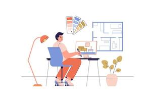 Interior designer web concept with people scene. Man placing furniture for future apartment, creating blueprint, working with color palette. Character situation in flat design. illustration. vector