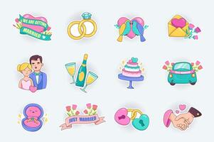Wedding day cute stickers set in flat cartoon design. Happy bride and groom, rings, loving birds, love letter, proposal, just married and other. illustration for planner or organizer template vector