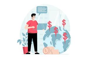 Global economic concept with people scene in flat design. Man explores market trends, invests money in international companies and makes profit. illustration with character situation for web vector
