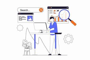 Seo optimization concept with people scene in flat outline design. Man settings site metrics, analyzes webpage data and optimizes settings. illustration with line character situation for web vector