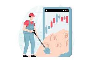 Cryptocurrency mining concept with people scene in flat design. Man miner with shovel mines bitcoin coins and studies market data in application. illustration with character situation for web vector