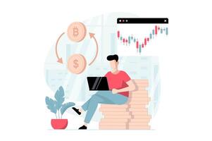 Cryptocurrency mining concept with people scene in flat design. Man sells bitcoins on crypto exchange and receives money for financial account. illustration with character situation for web vector