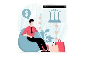 E-payment concept with people scene in flat design. Man makes online shopping and pays for purchases with credit card receiving cashback from bank. illustration with character situation for web vector