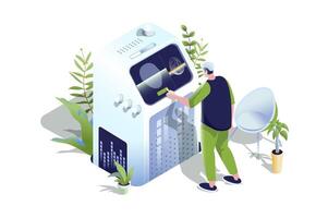 Biometric control web concept in 3d isometric design. People use secure access for save personal data. Man entering password with fingerprint scanning and face recognition. web illustration. vector