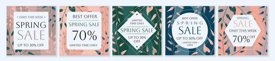 Spring Sale square template set for ads posts in social media. Bundle of layouts with discounts prices with abstract leaves. Suitable for mobile apps, banner design and web ads. illustration. vector