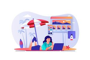 Freelance working concept with people scene. Woman designer working at laptop and lying at beach by sea. Remote employee doing tasks online. illustration with characters in flat design for web vector