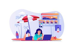 Lanza libre trabajando concepto con personas escena. mujer diseñador trabajando a ordenador portátil y acostado a playa por mar. remoto empleado haciendo Tareas en línea. ilustración con caracteres en plano diseño para web vector