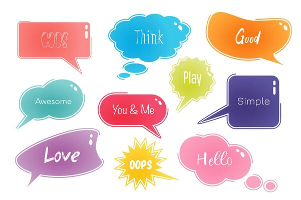 Speech bubbles set in cartoon design. Bundle of different shapes of dialog windows with inscriptions like Hi, Think, Good, Awesome, Hello, Play and other isolated flat elements. illustration