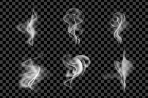 Steam smoke 3d set in realism design. Bundle of curved smoke flow of different forms for tea, coffee, cigarette or hookah effects, fog and mist swirl isolated realistic elements. illustration vector