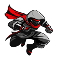 Armored superhero in a dynamic leap with a flowing red cape png