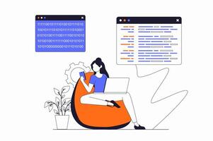 Programmers working concept with people scene in flat outline design. Woman working with code on different screens, optimizes and tests. illustration with line character situation for web vector
